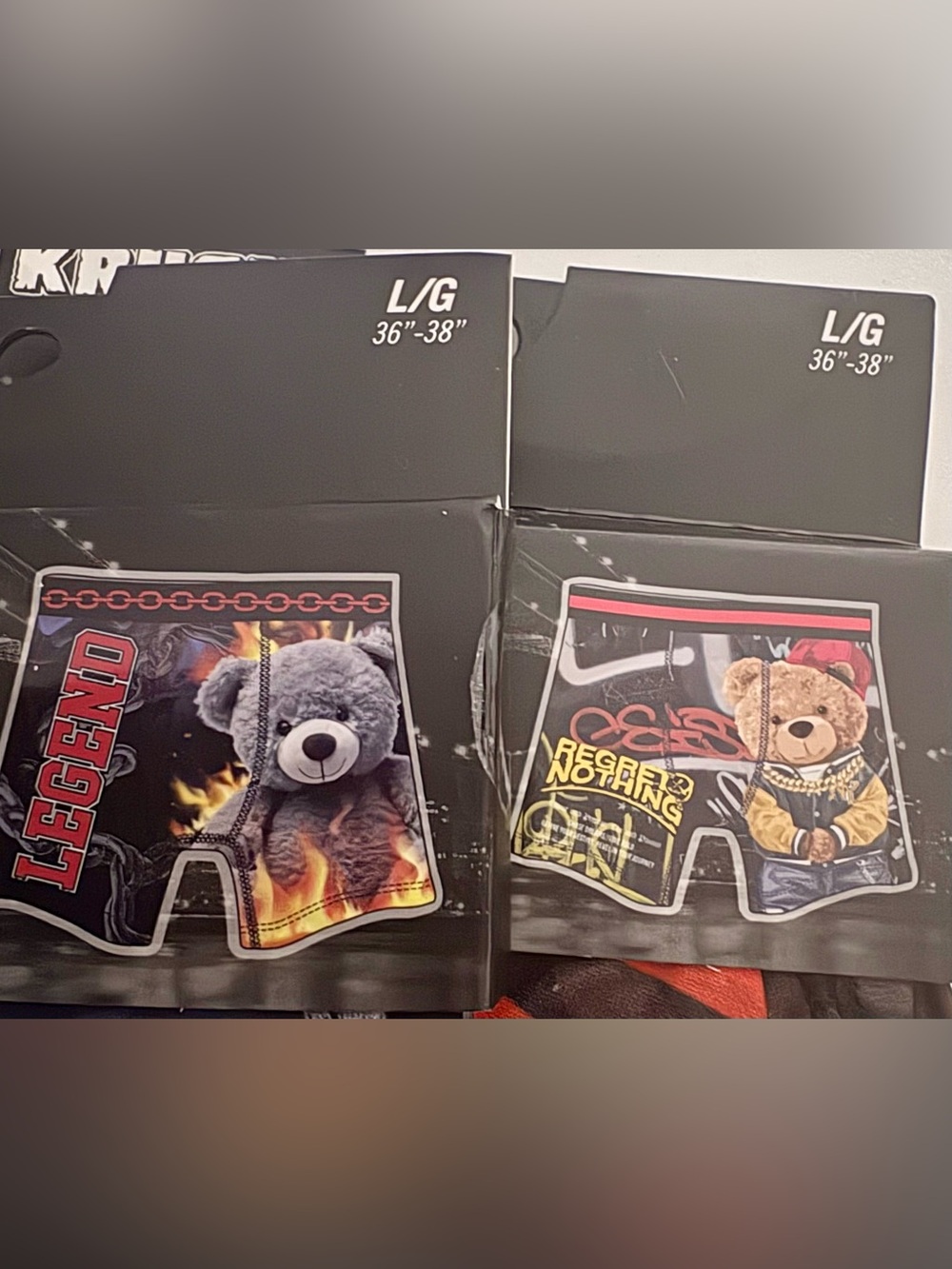 NEW 2 Pr Krush Men's Teddy Bear Boxer Briefs Size L 36-38 Legend Regret Nothing